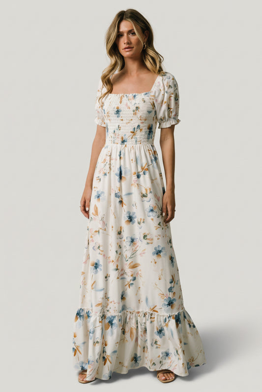 Capri Smocked Maxi Dress | White Multi Print