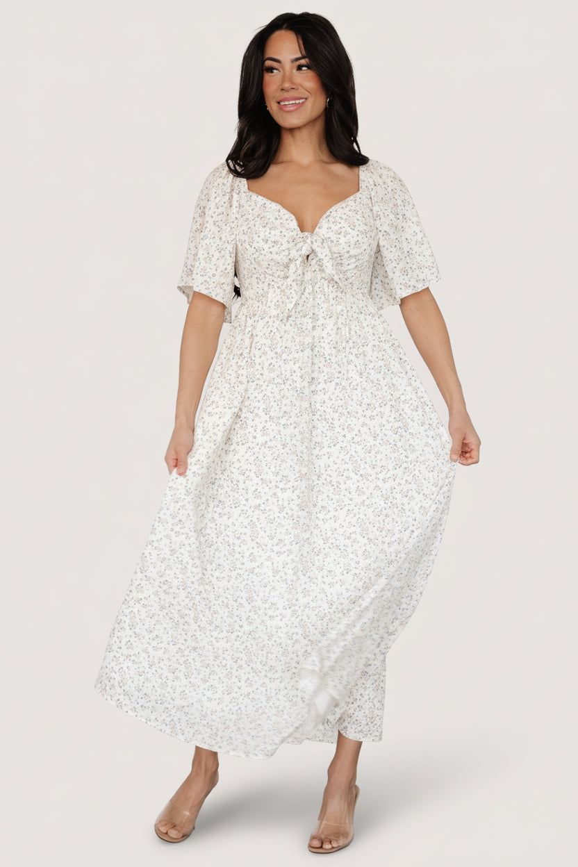 Carah Tie Dress | Off White + Gold Floral