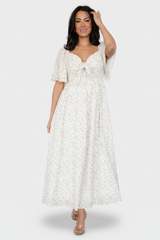 Carah Tie Dress | Off White + Gold Floral