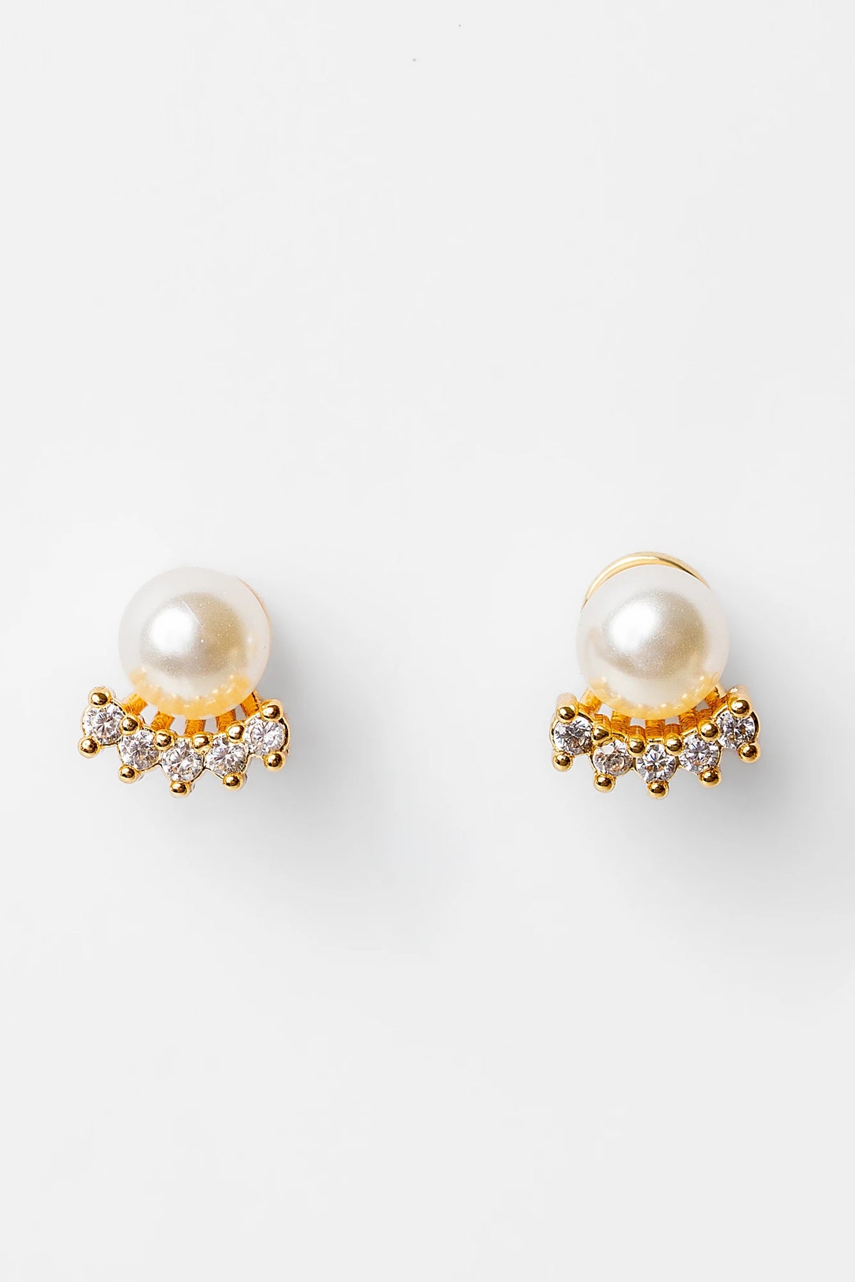 Carol Pearl Crown Stud Earrings in Gold with crown-inspired cubic zirconia and faux pearl.