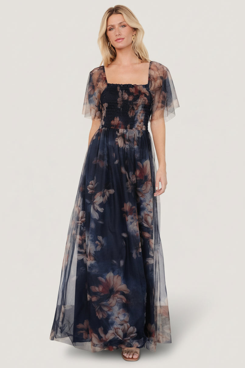 Cassandra Tulle Maxi Dress | Dark Blue Floral