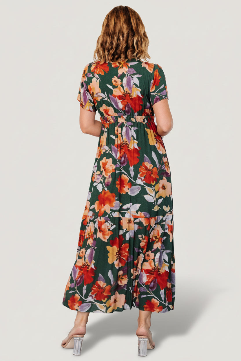 Cassie Short Sleeve Dress | Dark Green Floral