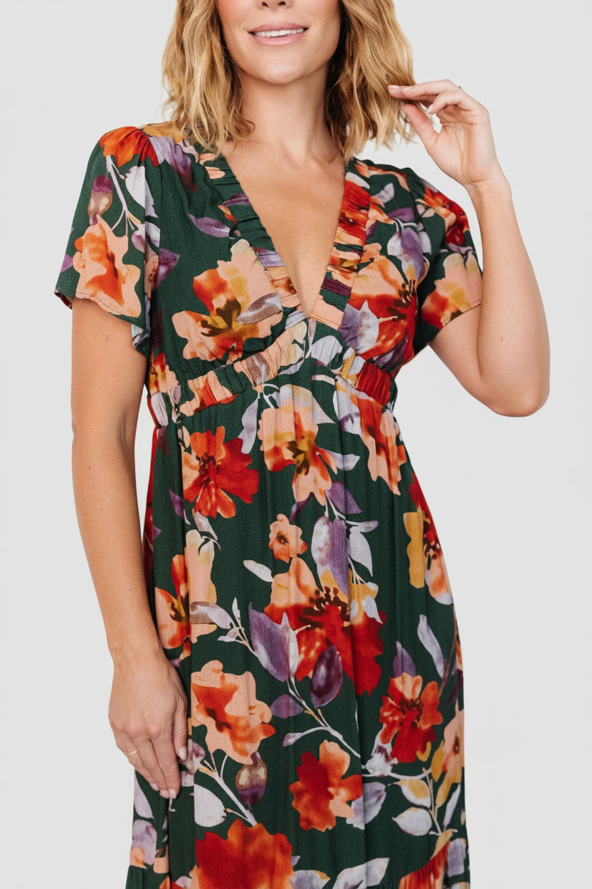 Cassie Short Sleeve Dress | Dark Green Floral