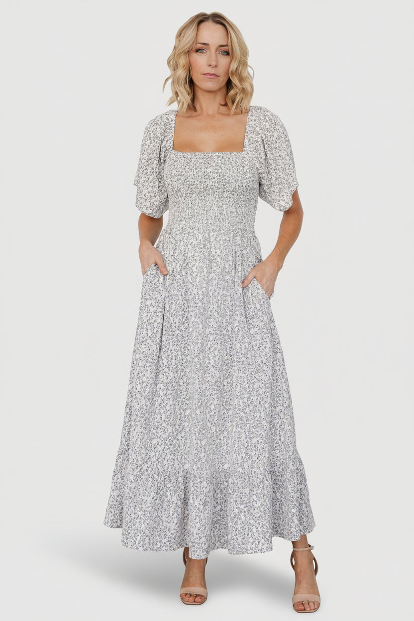 Cassis Smocked Midi Dress | Ivory + Black Floral