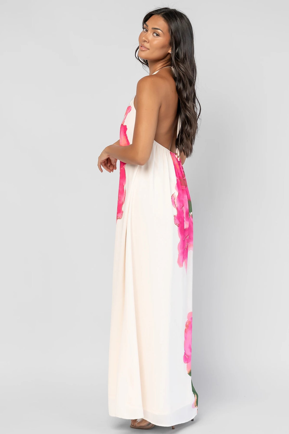 Catalina Halter Maxi Dress in Off White Multi Floral with halter neckline and flowing maxi-length silhouette.