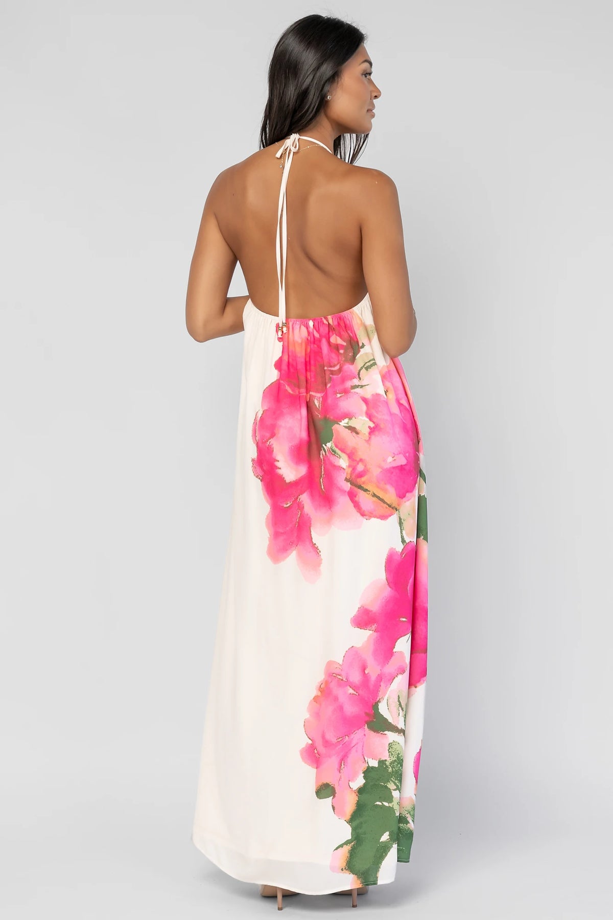 Catalina Halter Maxi Dress in Off White Multi Floral with halter neckline and flowing maxi-length silhouette.