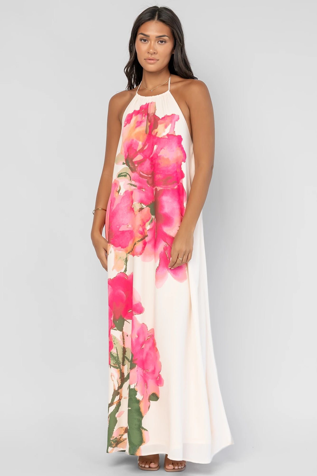 Catalina Halter Maxi Dress in Off White Multi Floral with halter neckline and flowing maxi-length silhouette.