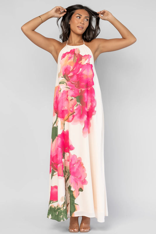Catalina Halter Maxi Dress in Off White Multi Floral with halter neckline and flowing maxi-length silhouette.
