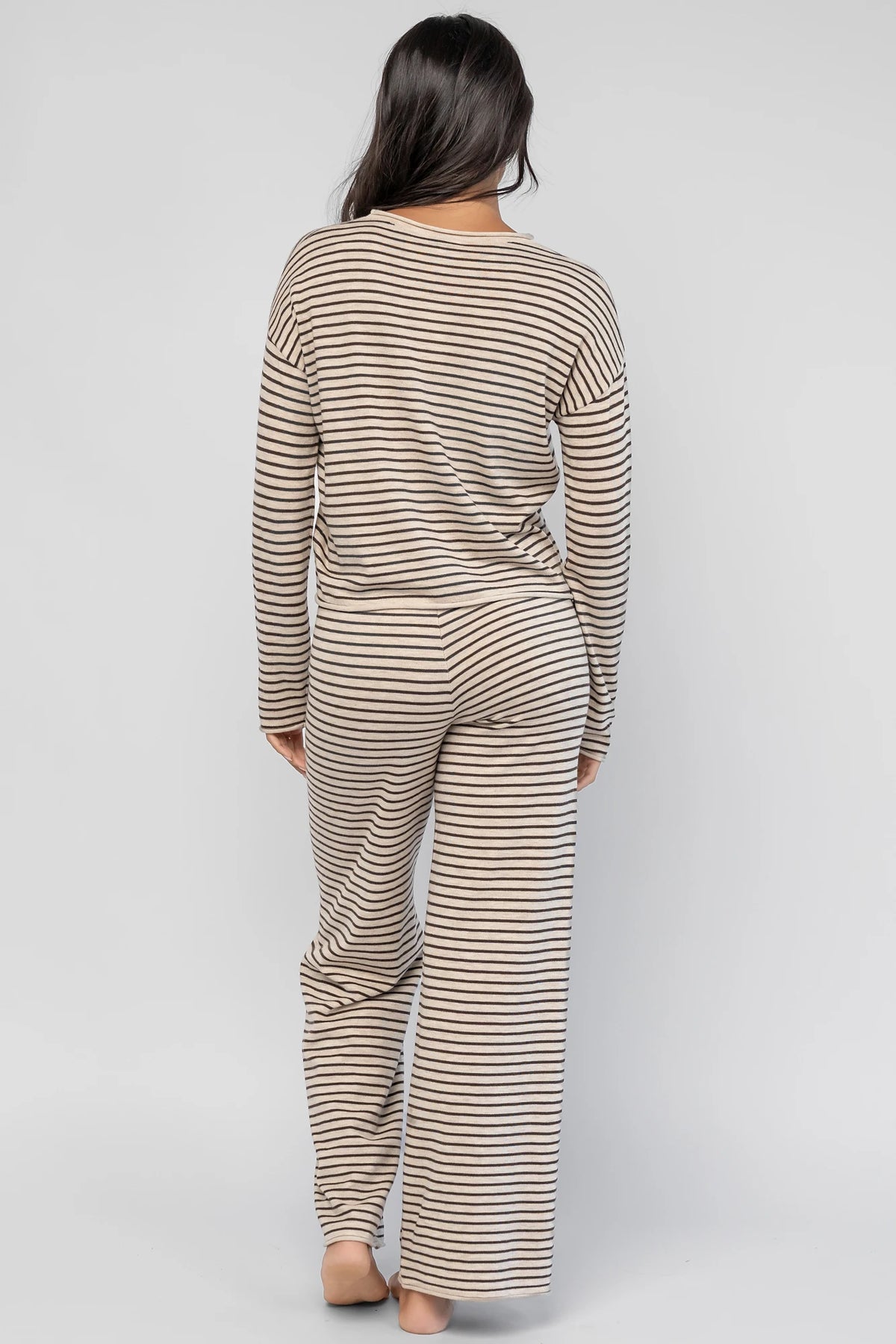 Charlene Cozy Stripe Lounge Set in Oatmeal + Brown with striped pattern and coordinating top and pants.