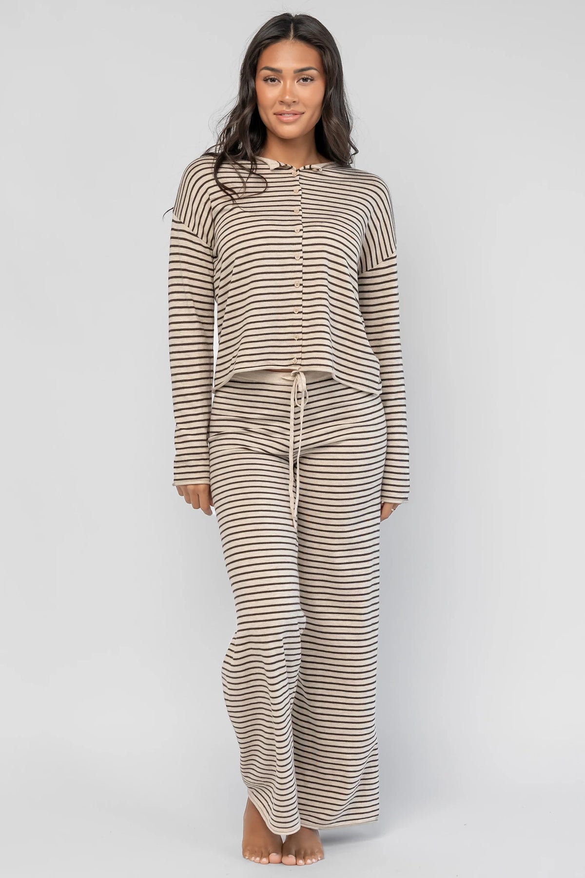 Charlene Cozy Stripe Lounge Set in Oatmeal + Brown with striped pattern and coordinating top and pants.