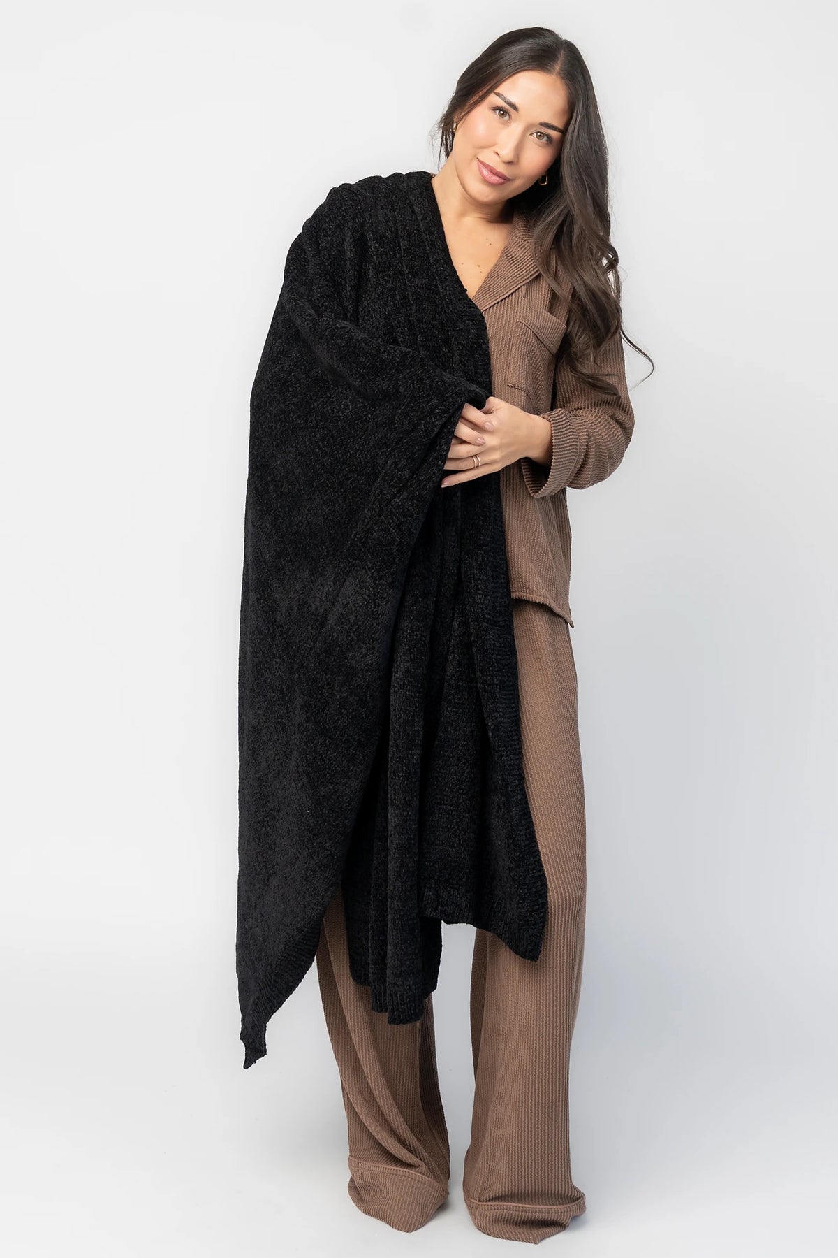 Chrissy Throw Blanket in Black with ultra-soft crushed velvet fabric, plush texture, and generous oversized design.