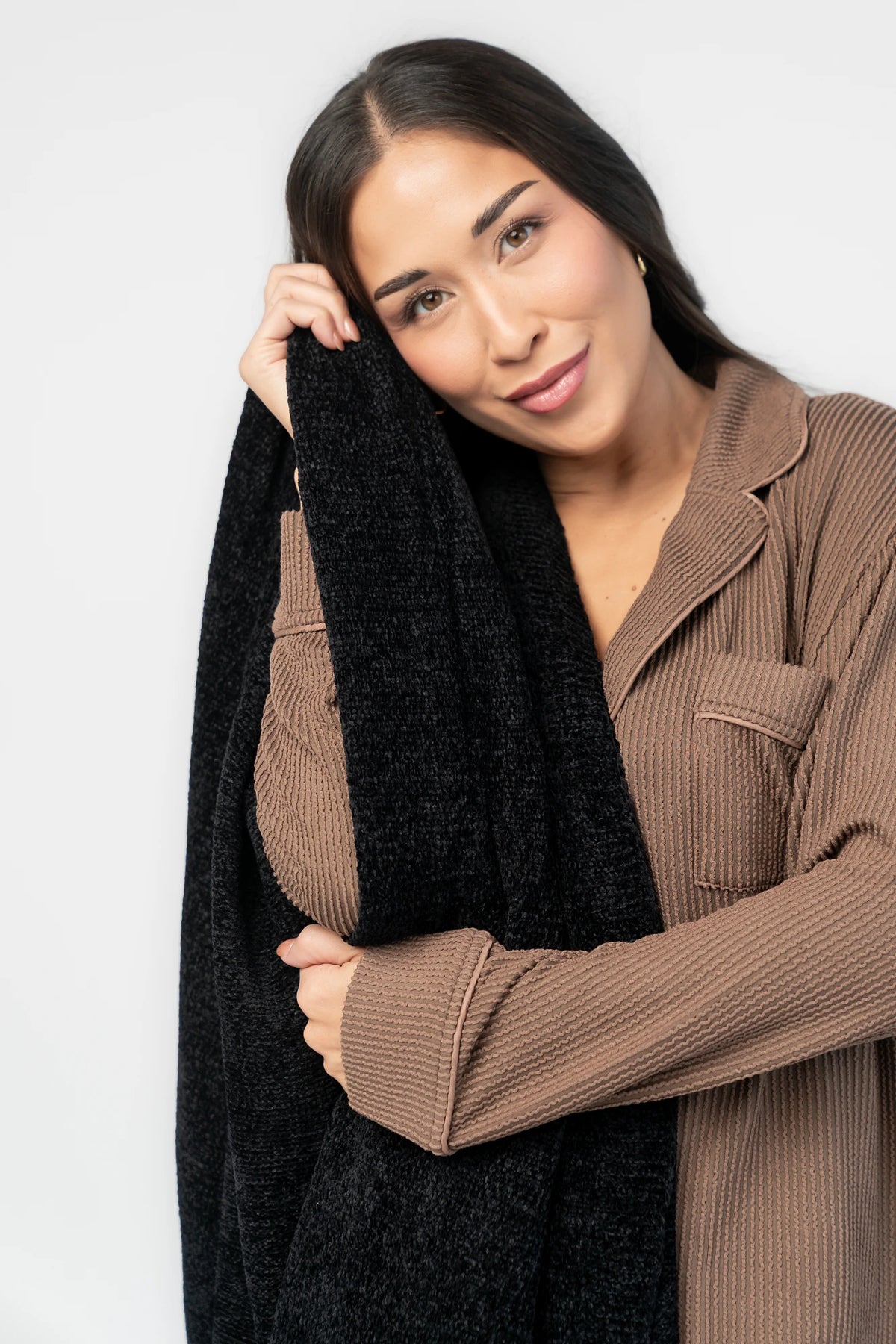 Chrissy Throw Blanket in Black with ultra-soft crushed velvet fabric, plush texture, and generous oversized design.
