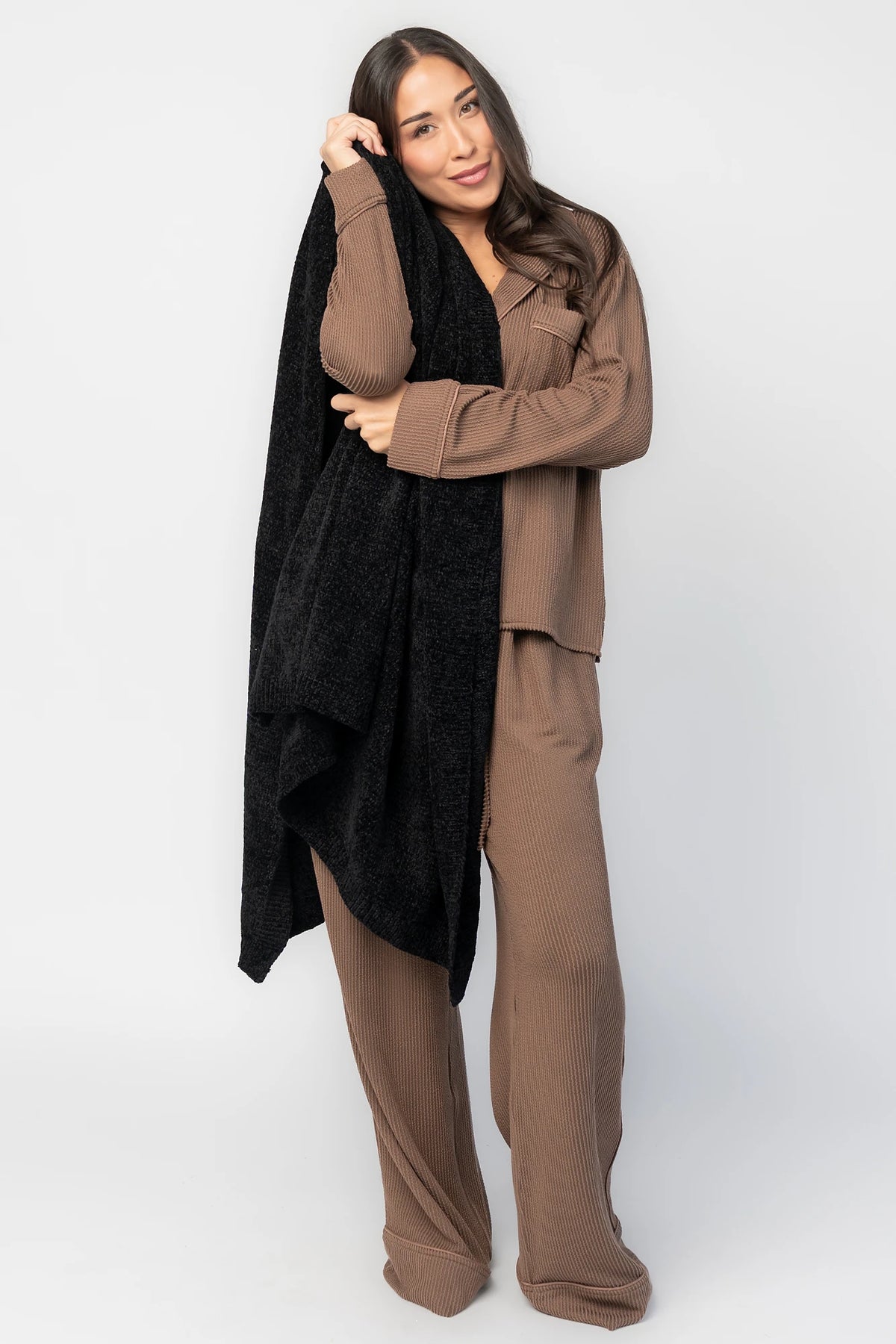 Chrissy Throw Blanket in Black with ultra-soft crushed velvet fabric, plush texture, and generous oversized design.