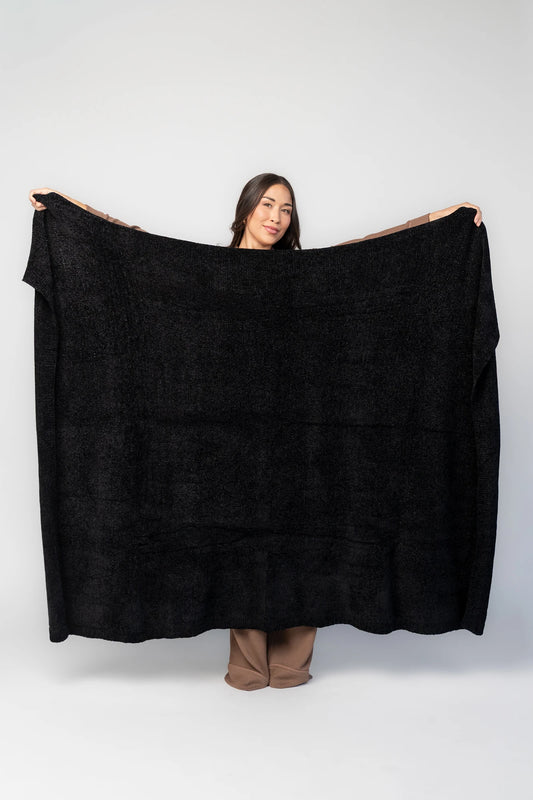 Chrissy Throw Blanket in Black with ultra-soft crushed velvet fabric, plush texture, and generous oversized design.