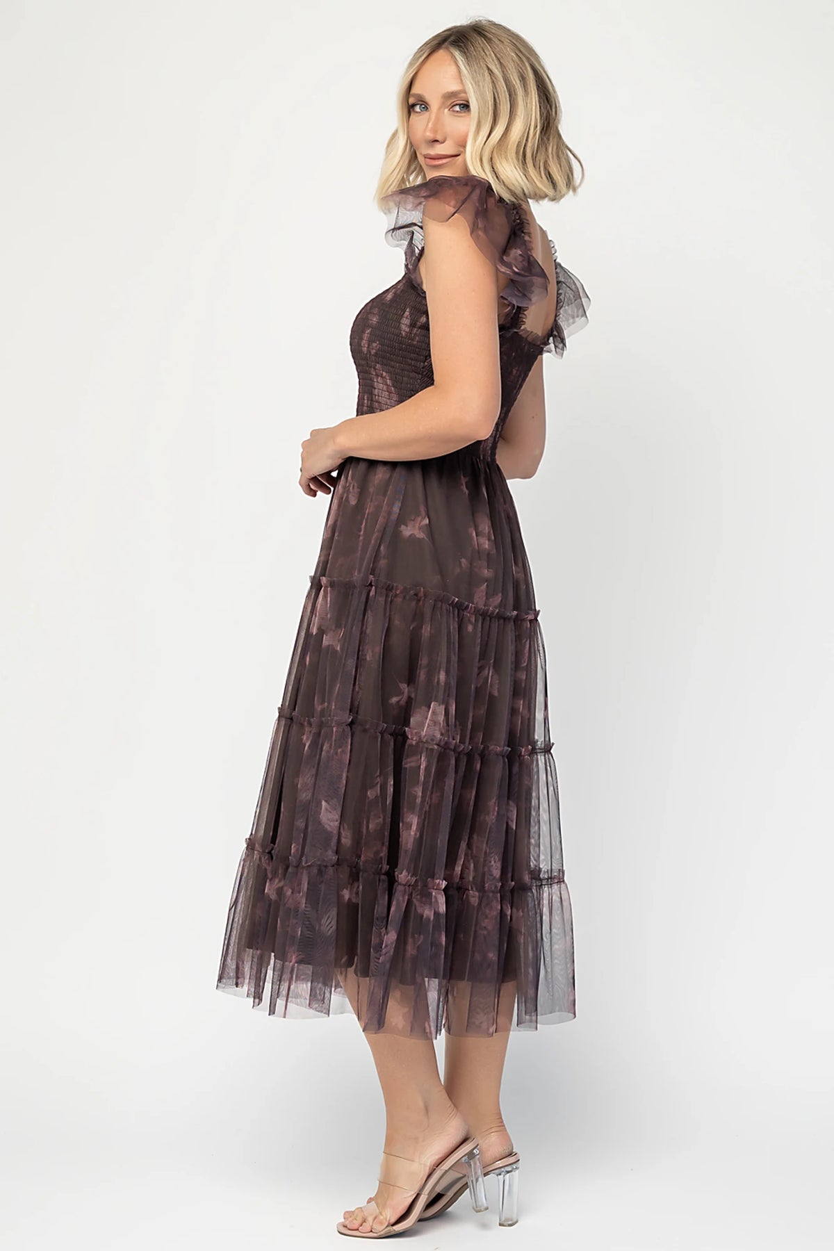 Clementine Tulle Midi Dress in Dark Clove Print with square neckline, smocked bodice, layered sleeves, and tiered tulle skirt.