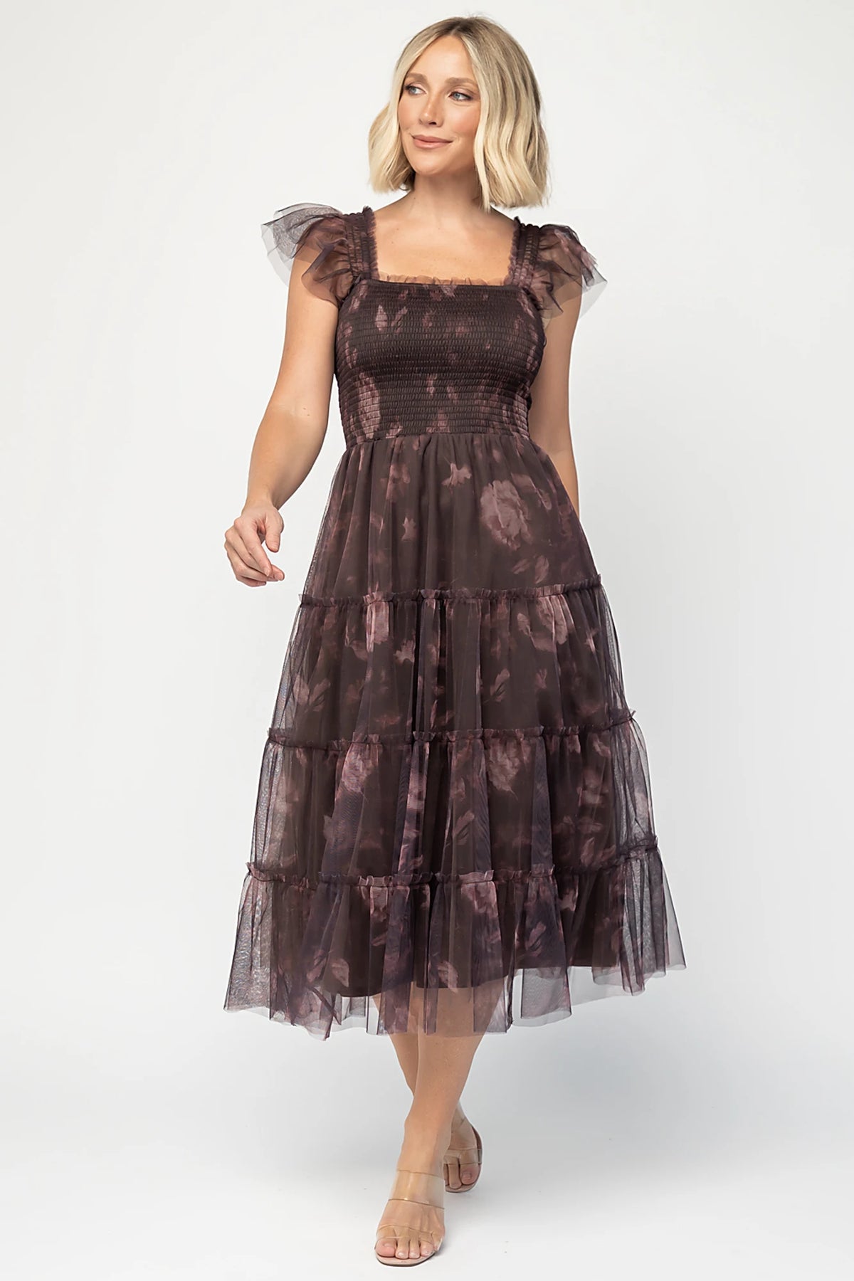 Clementine Tulle Midi Dress in Dark Clove Print with square neckline, smocked bodice, layered sleeves, and tiered tulle skirt.