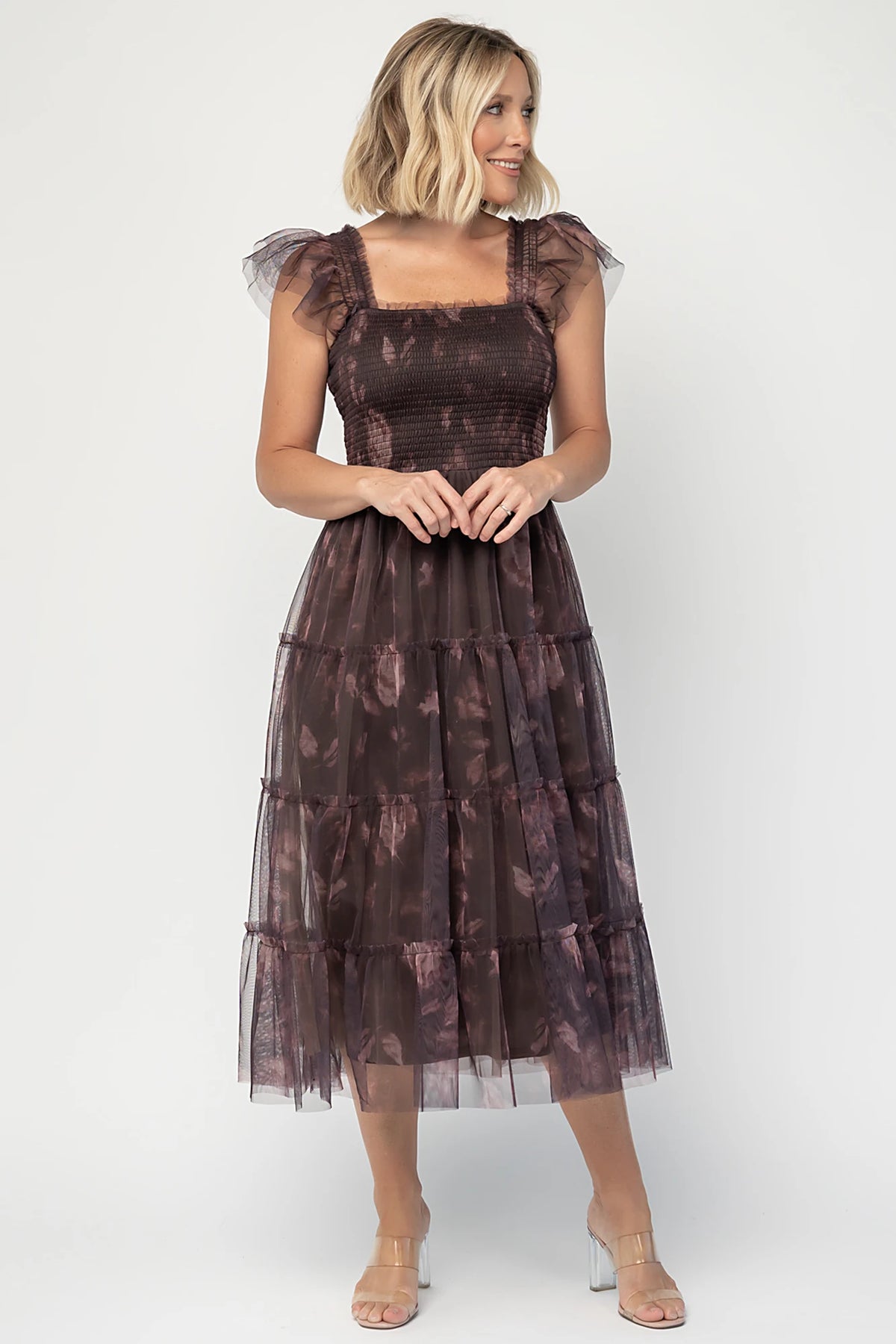 Clementine Tulle Midi Dress in Dark Clove Print with square neckline, smocked bodice, layered sleeves, and tiered tulle skirt.