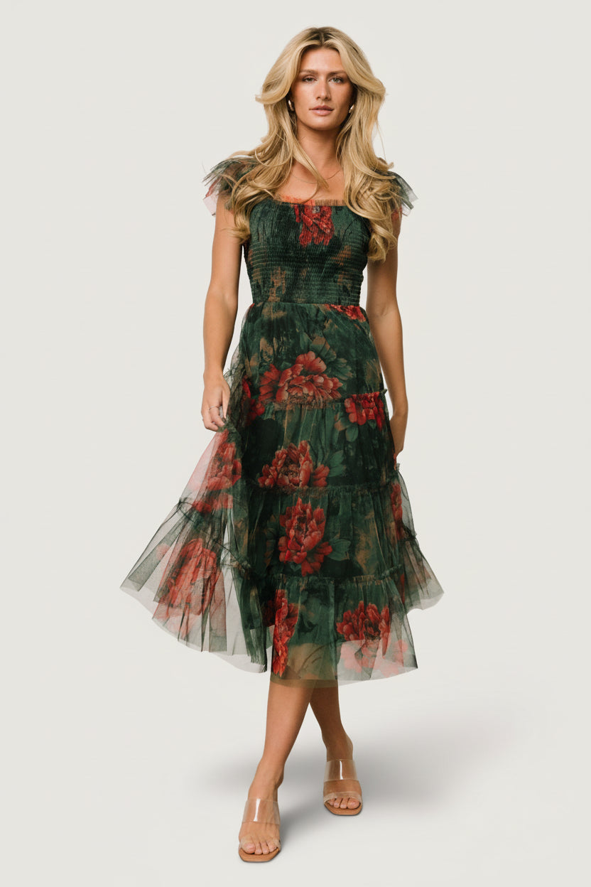 Clementine Tulle Midi Dress | Dark Green Floral