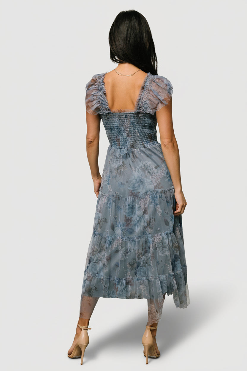 Clementine Tulle Midi Dress | Dusty Blue Floral