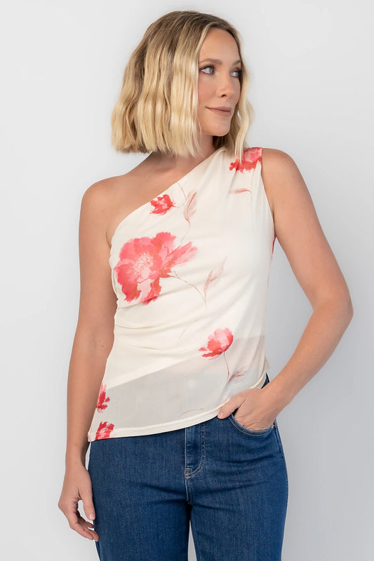 Cleo Mesh Top in Cream Floral with one-shoulder neckline, ruched bodice, and fitted silhouette.