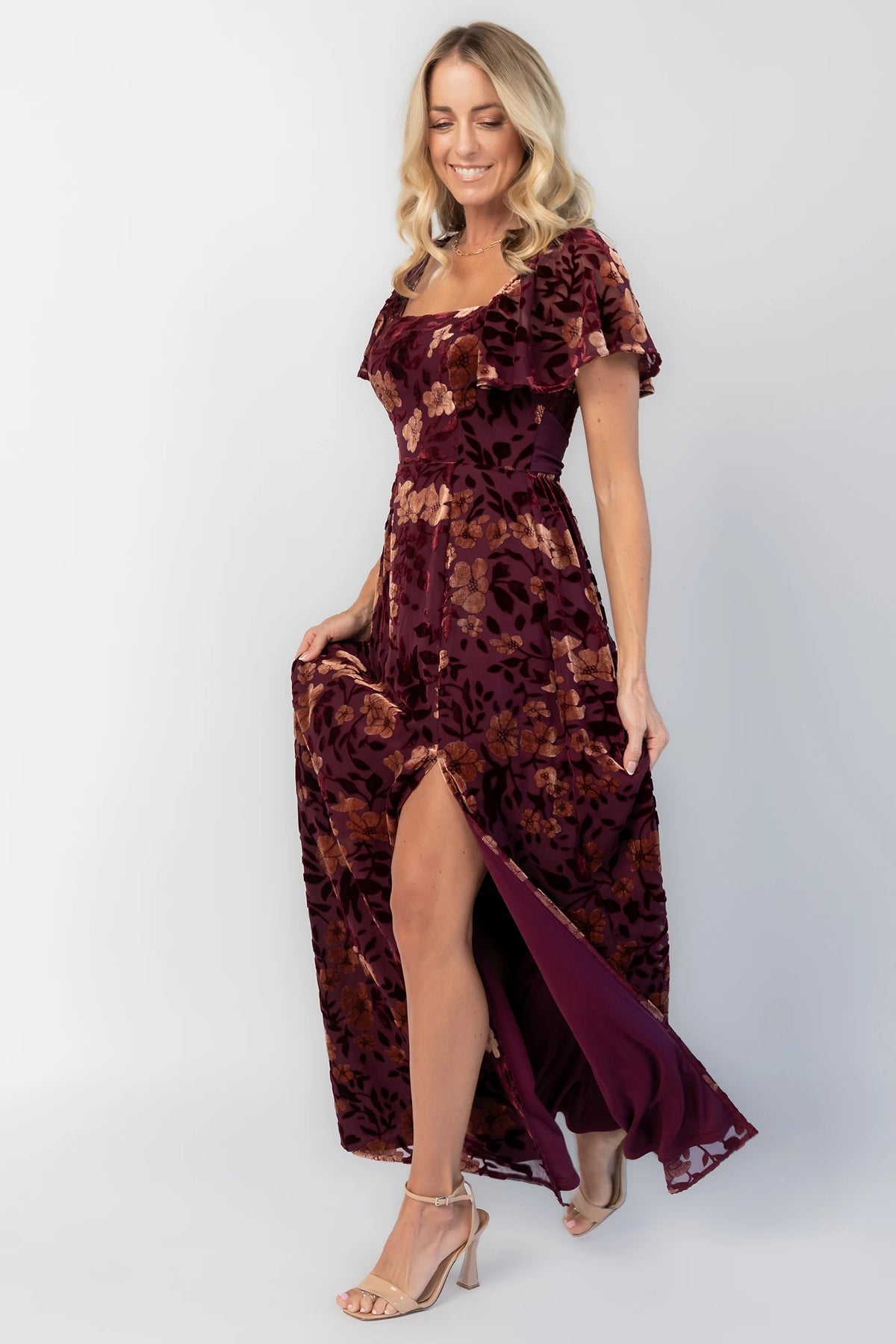 Clio Maxi Dress in Mulberry + Gold Floral with square neckline, flutter sleeves, and empire waist.