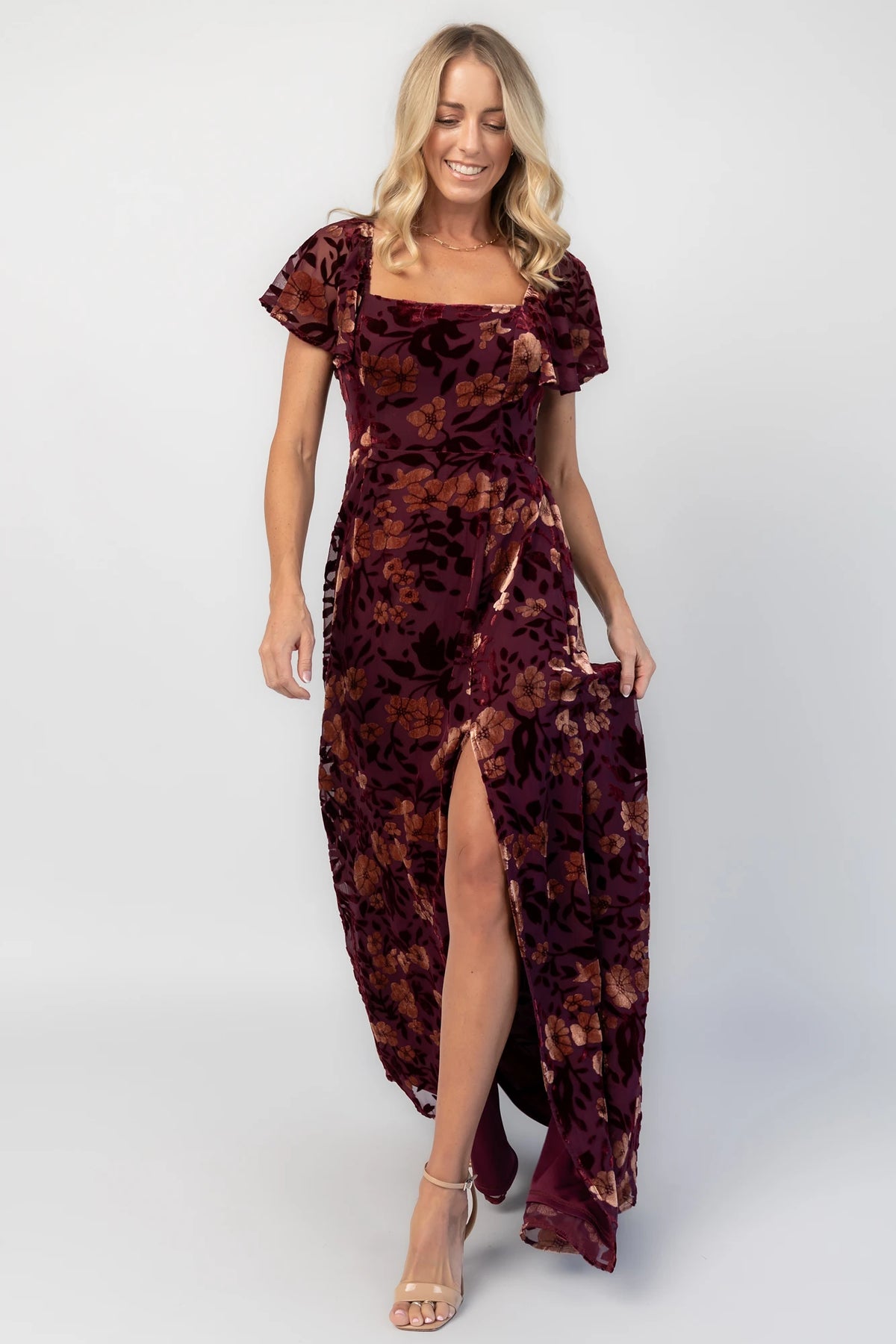 Clio Maxi Dress in Mulberry + Gold Floral with square neckline, flutter sleeves, and empire waist.