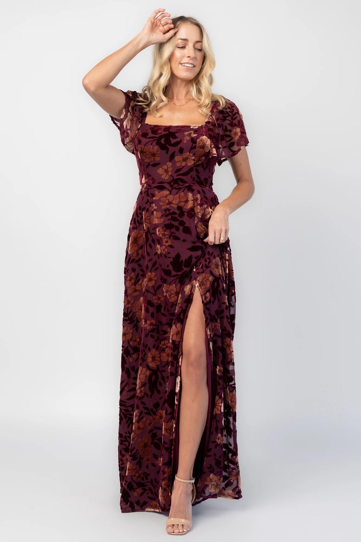 Clio Maxi Dress in Mulberry + Gold Floral with square neckline, flutter sleeves, and empire waist.