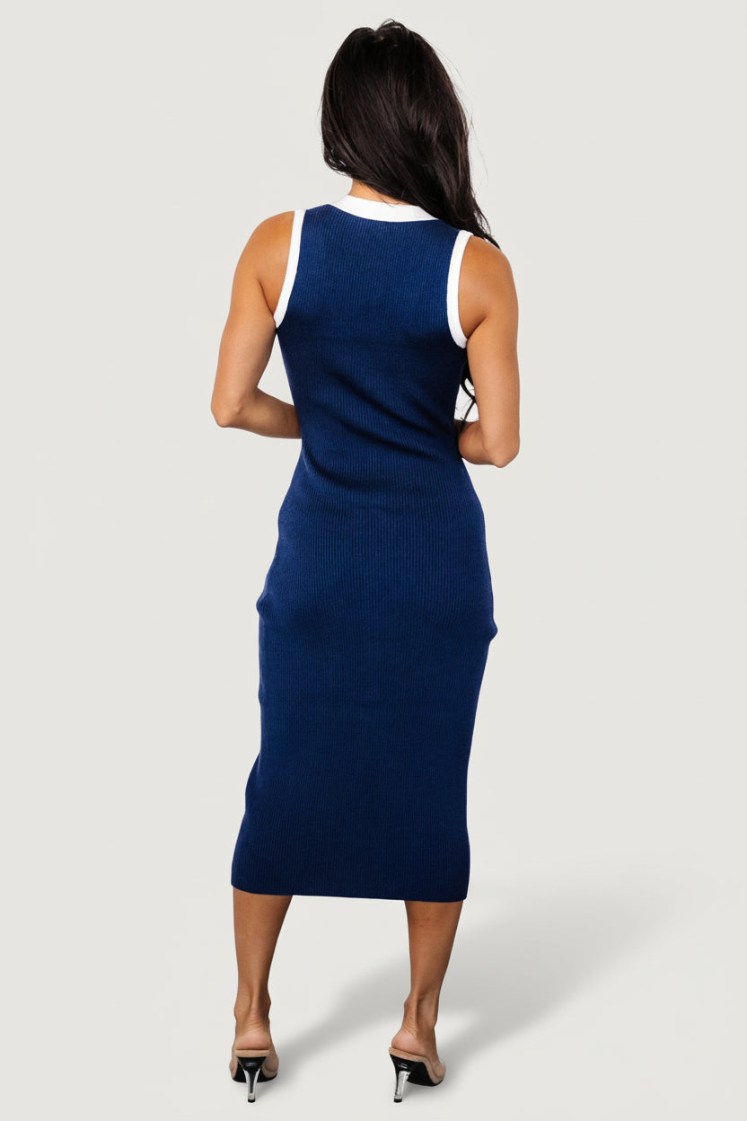 Coley Ribbed Button Dress | Navy + Off White