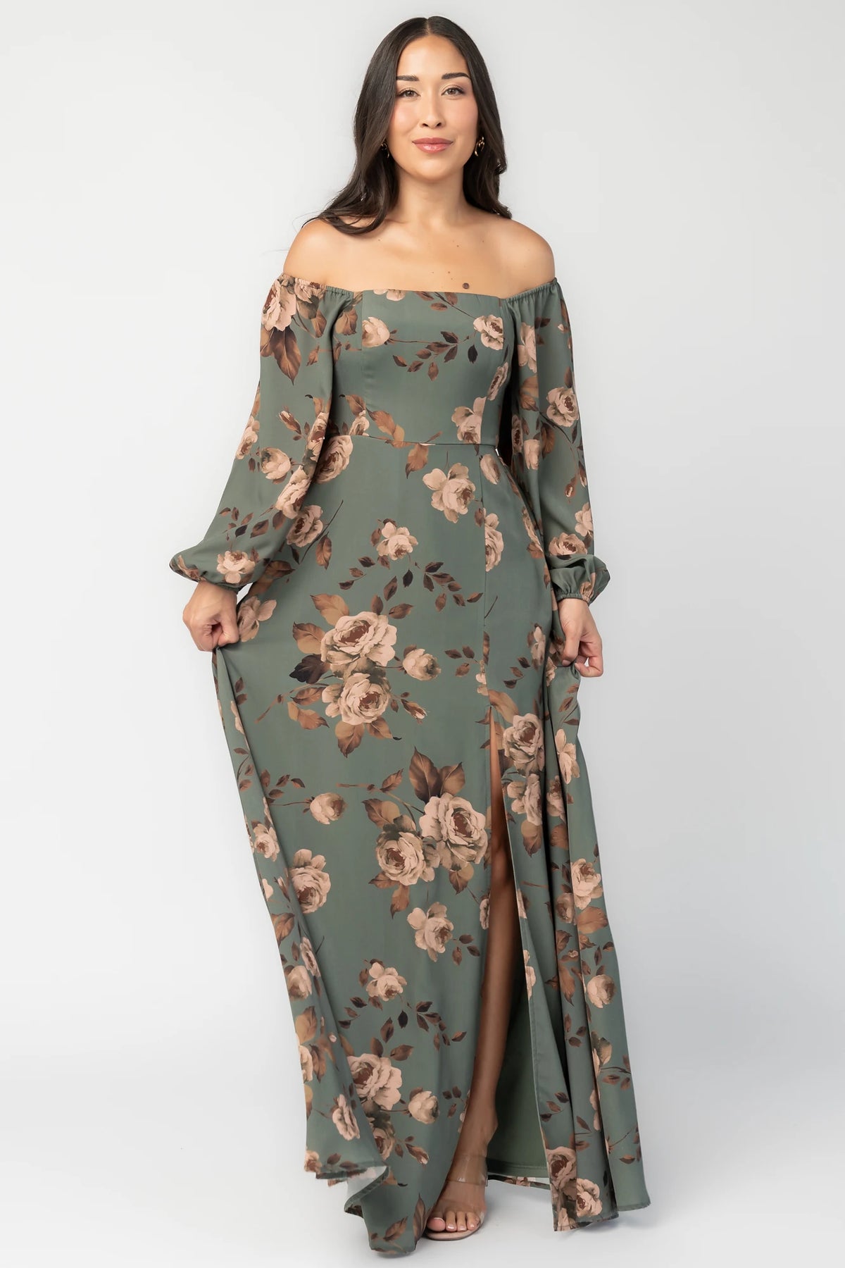 Cordelia Off Shoulder Maxi Dress in Dark Teal Floral with smocked back, long sleeves, and leg slit.