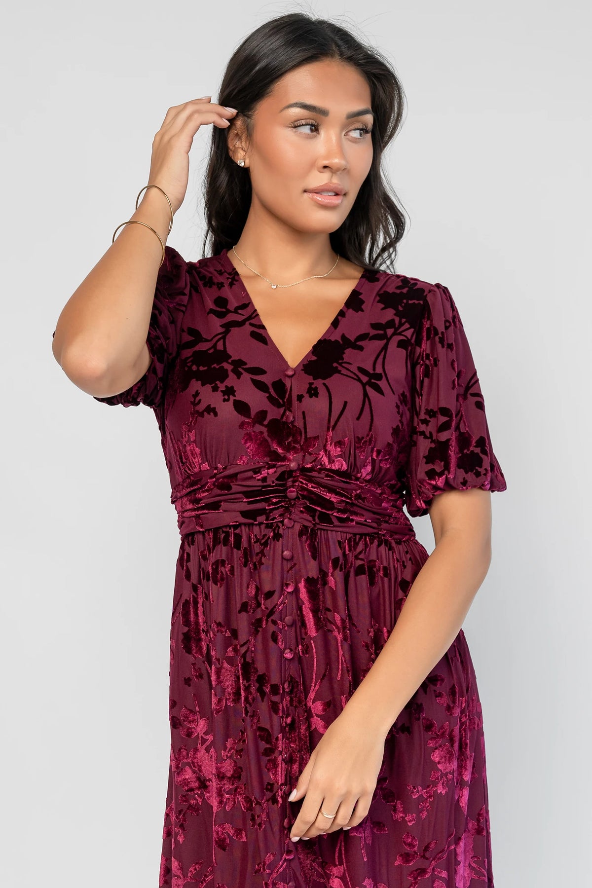 Dahlia Velvet Dress in Mulberry Floral with embossed velvet texture, a V-neckline, faux-button placket, and puff sleeves.