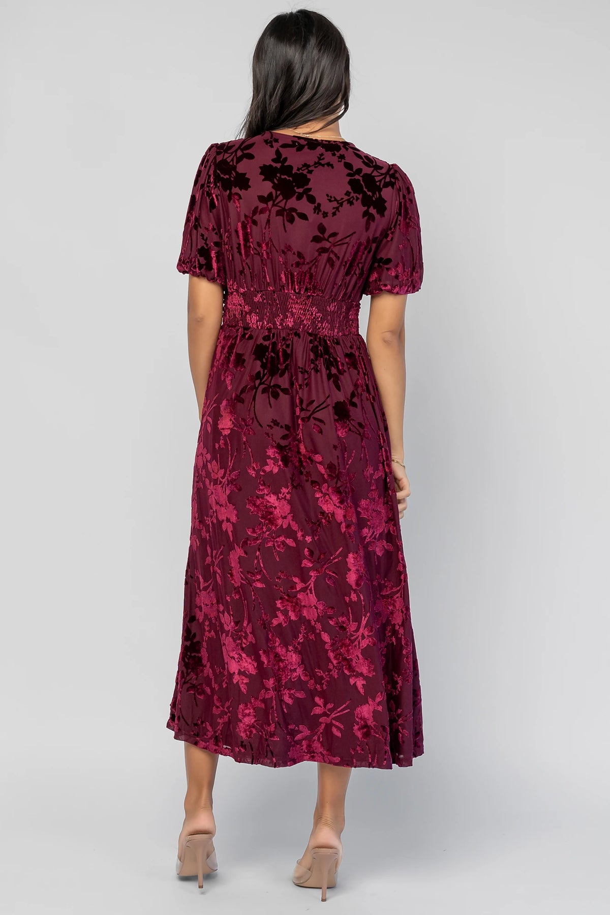 Dahlia Velvet Dress in Mulberry Floral with embossed velvet texture, a V-neckline, faux-button placket, and puff sleeves.