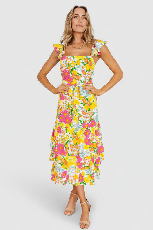 Front view of multi-color floral ruffle tiered midi dress on mannequin, showing square neckline and adjustable ruffle straps.
