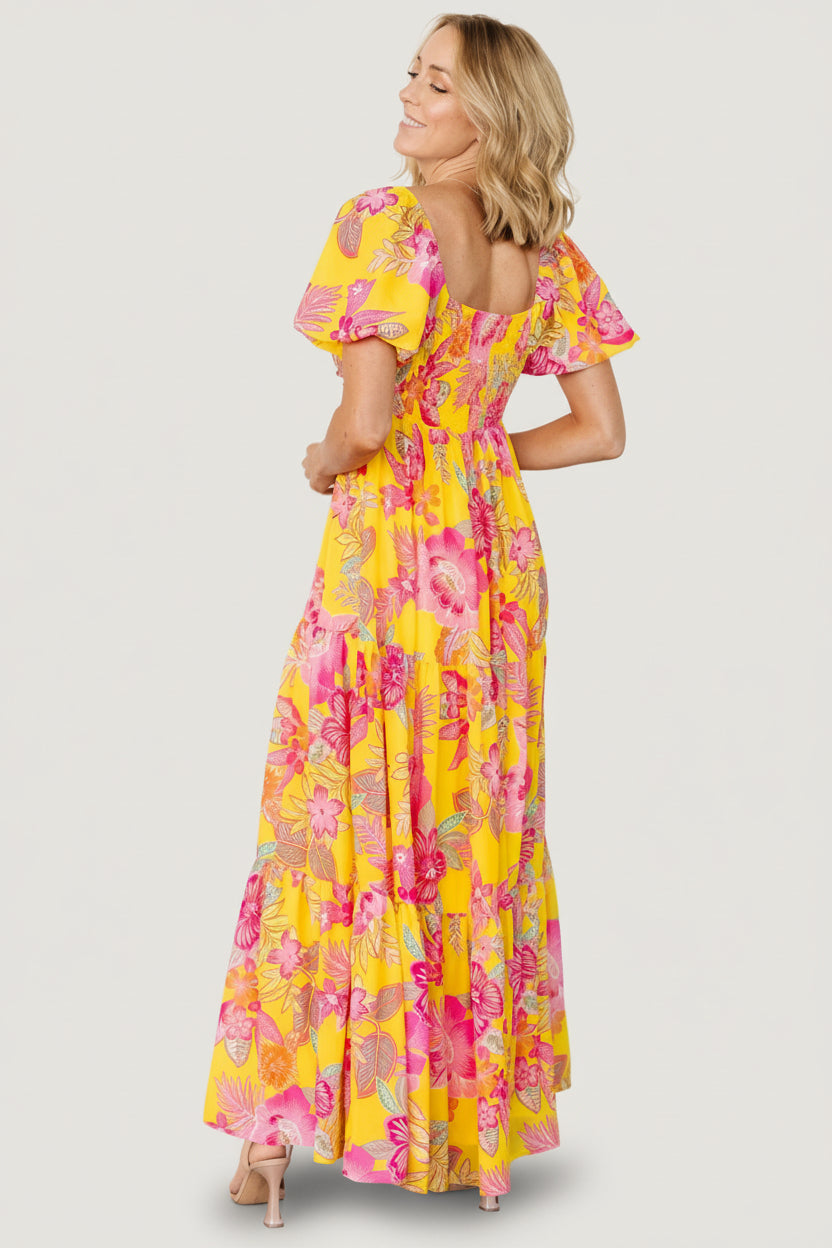 Detail shot of chiffon fabric and lining on Darla dress, emphasizing floral print, texture and lightweight drape.