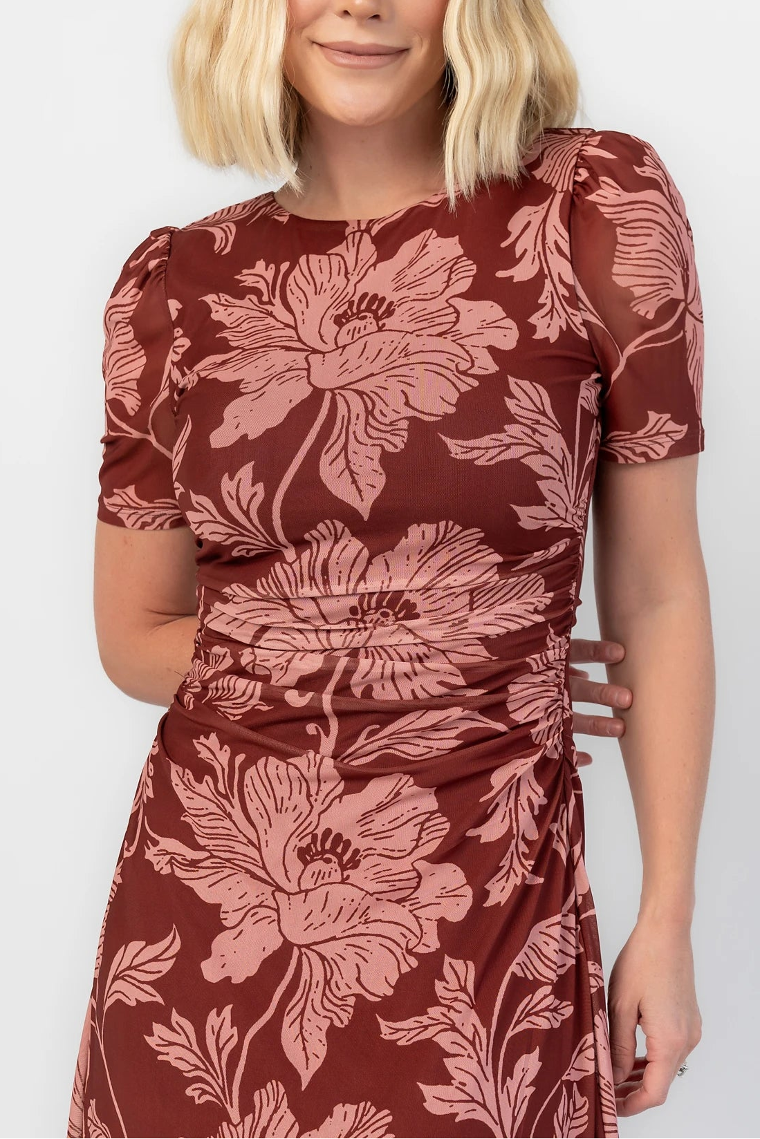 Demitra Mesh Maxi Dress in Marsala Floral with crew neckline, ruched waist, and short sleeves.