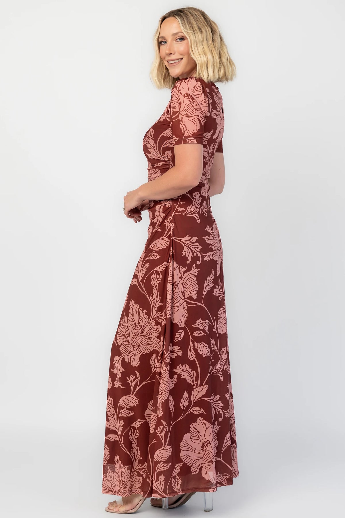 Demitra Mesh Maxi Dress in Marsala Floral with crew neckline, ruched waist, and short sleeves.