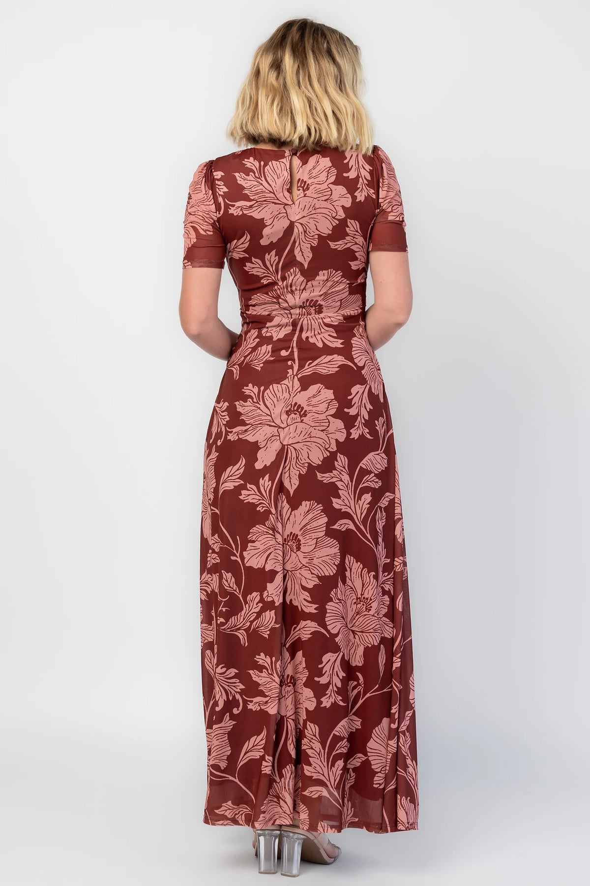 Demitra Mesh Maxi Dress in Marsala Floral with crew neckline, ruched waist, and short sleeves.