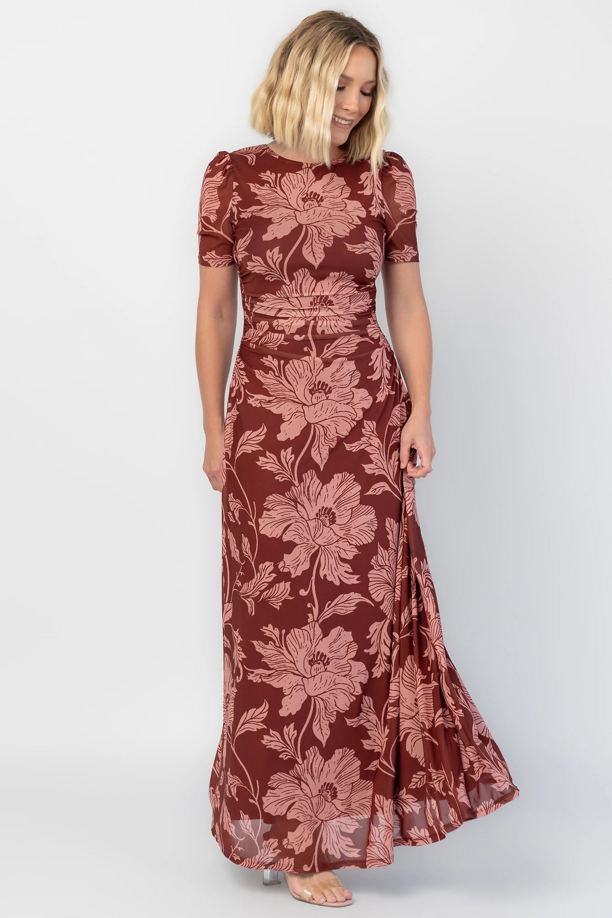 Demitra Mesh Maxi Dress in Marsala Floral with crew neckline, ruched waist, and short sleeves.