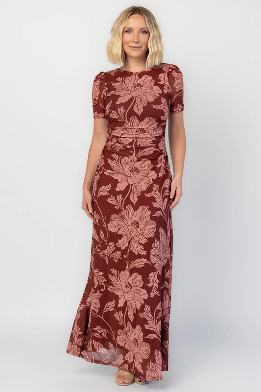 Demitra Mesh Maxi Dress in Marsala Floral with crew neckline, ruched waist, and short sleeves.