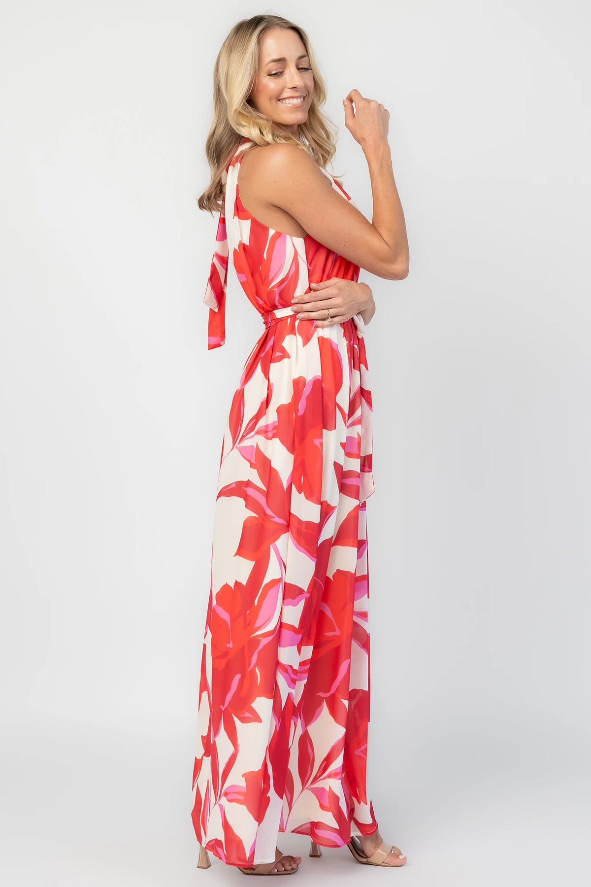 Derya Halter Maxi Dress in Multi Print with halter neckline, V-back, and flowing maxi skirt.