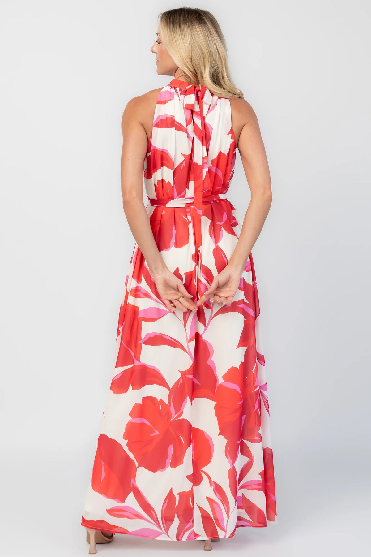 Derya Halter Maxi Dress in Multi Print with halter neckline, V-back, and flowing maxi skirt.