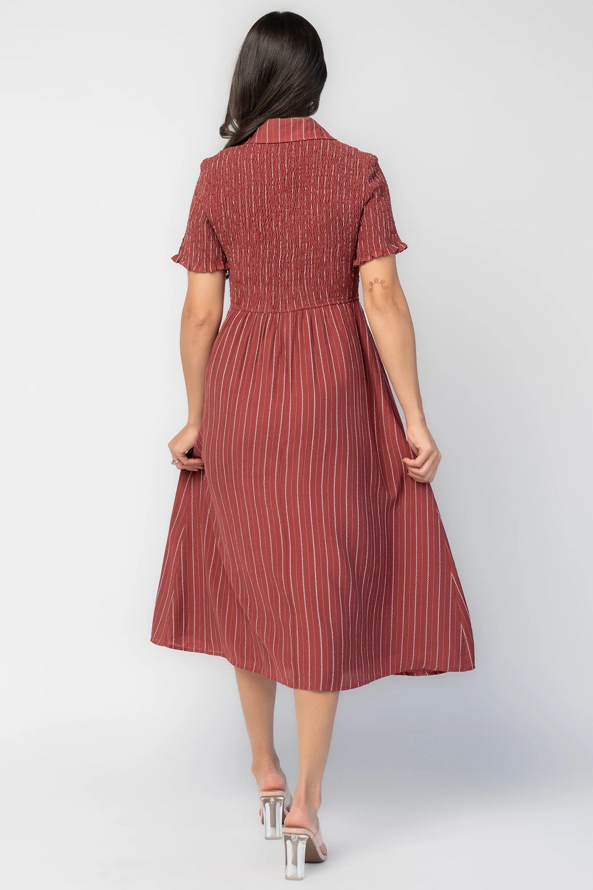 Dottie Striped Midi Dress in Light Burgundy with white vertical stripes, collared neckline, button front, and A-line skirt.