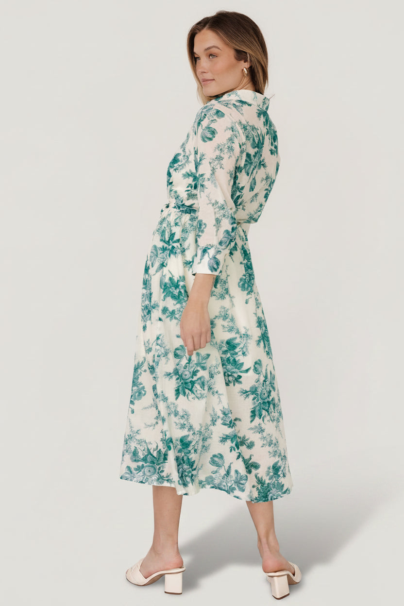 Eunice Button Midi Dress | Cream + Green Floral