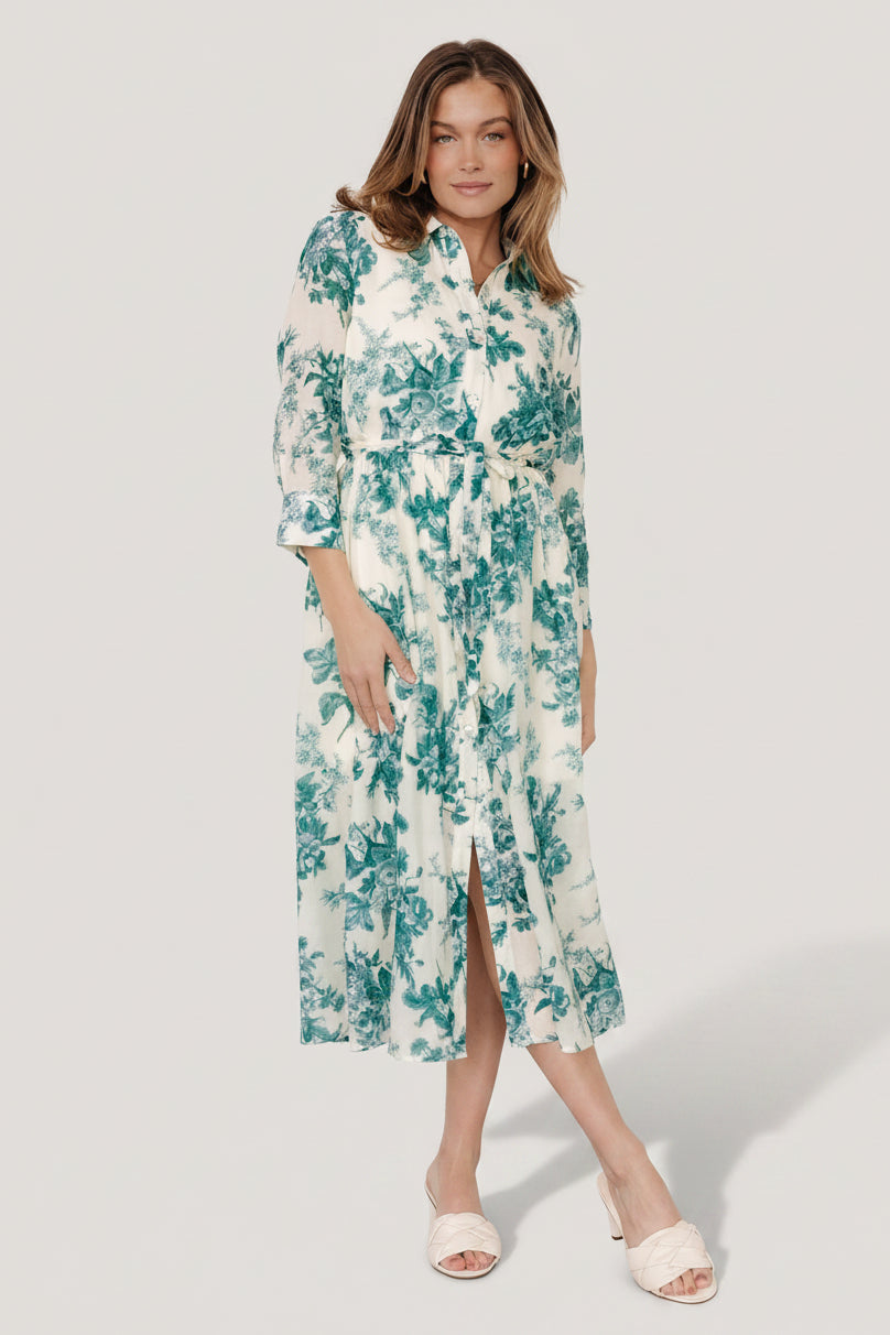 Eunice Button Midi Dress | Cream + Green Floral