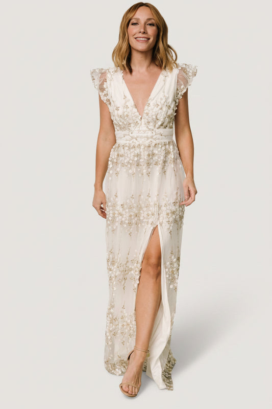 Eva Embroidered Maxi Dress | White + Gold