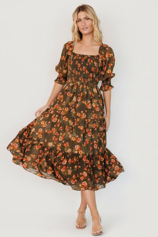Fabian Jacquard Midi Dress | Olive Floral