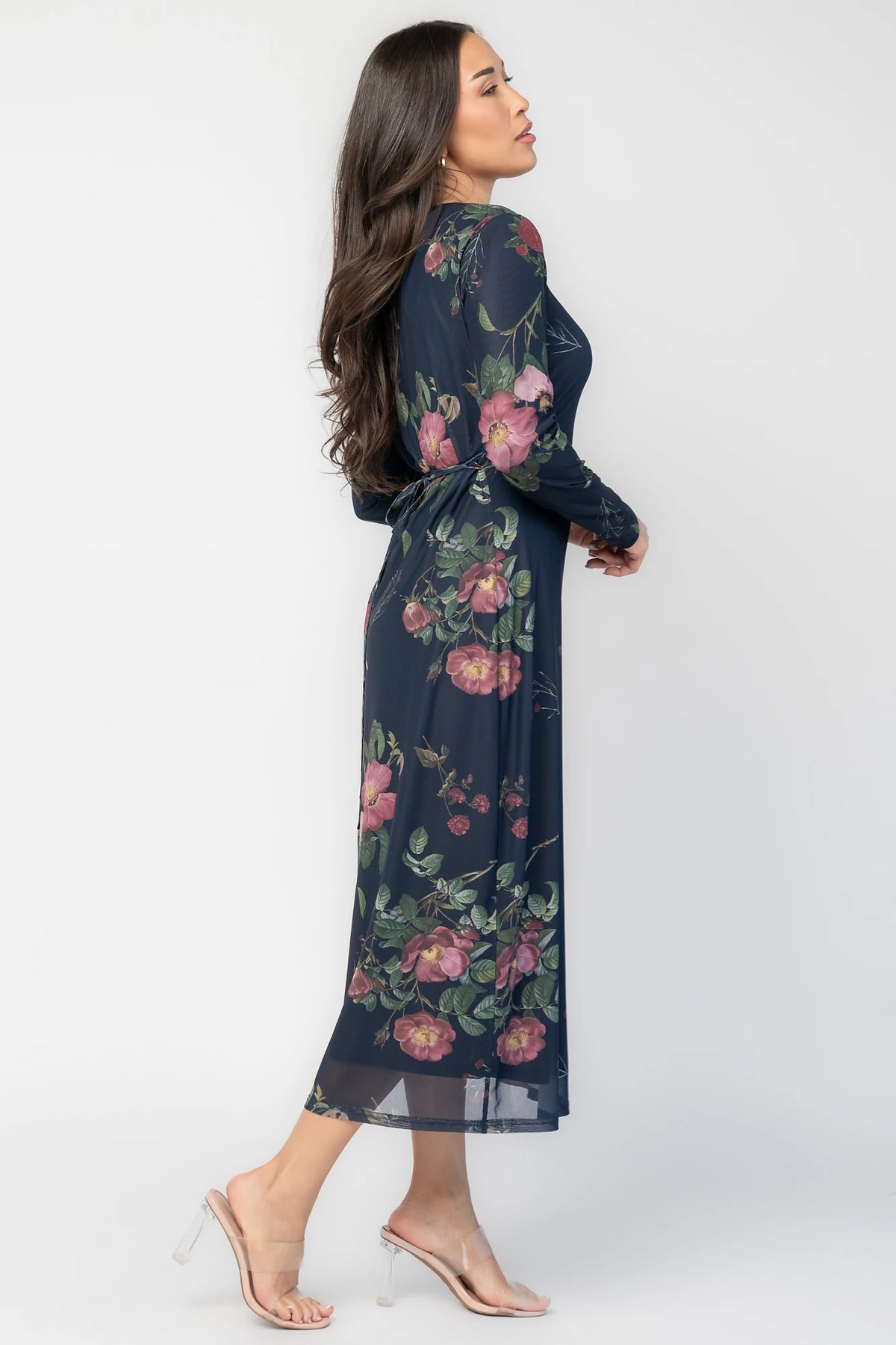 Fiorella Mesh Midi Dress in Navy Floral with soft mesh fabric, sheer long sleeves, removable waist tie, and midi skirt.