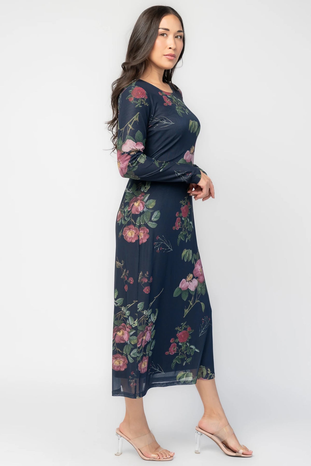 Fiorella Mesh Midi Dress in Navy Floral with soft mesh fabric, sheer long sleeves, removable waist tie, and midi skirt.