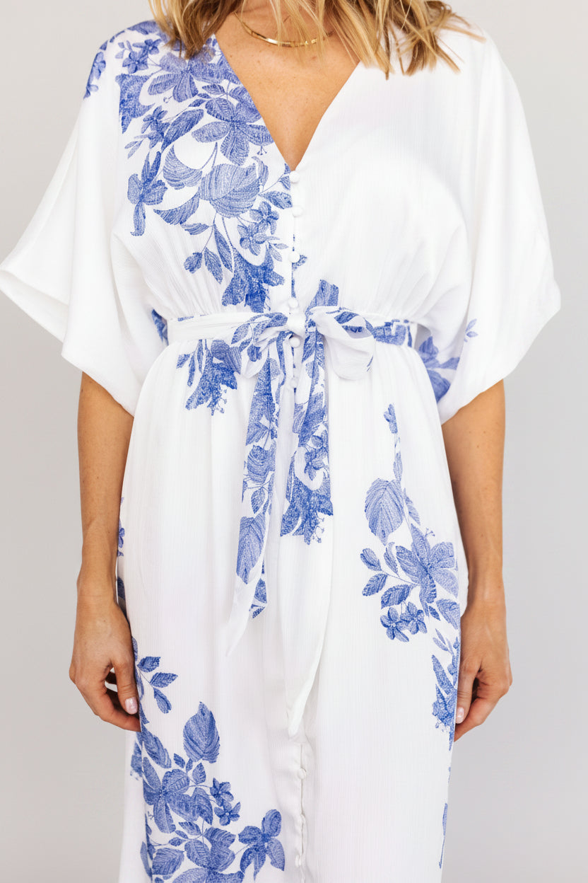 Florina Kimono Maxi Dress | White + Blue
