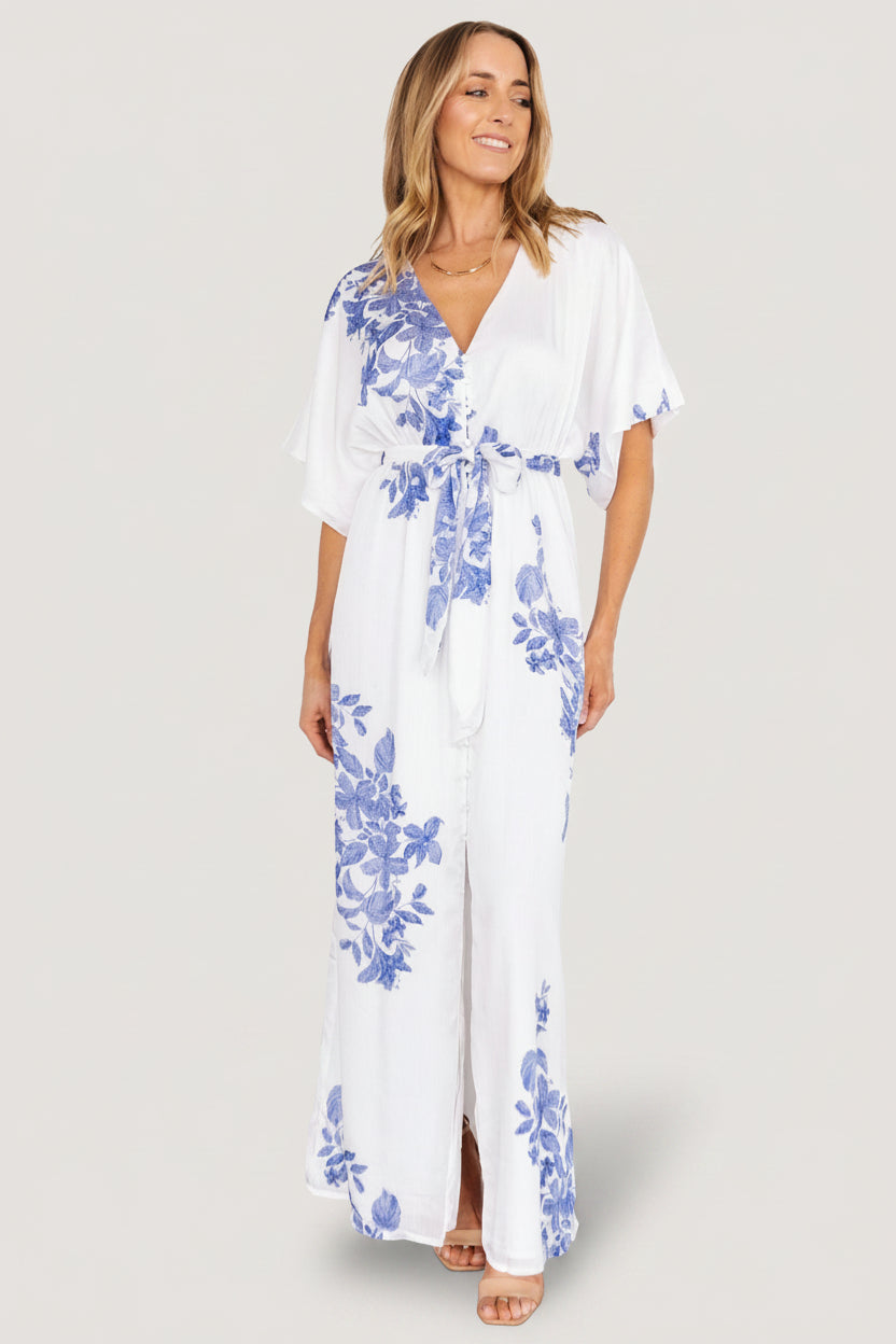Florina Kimono Maxi Dress | White + Blue