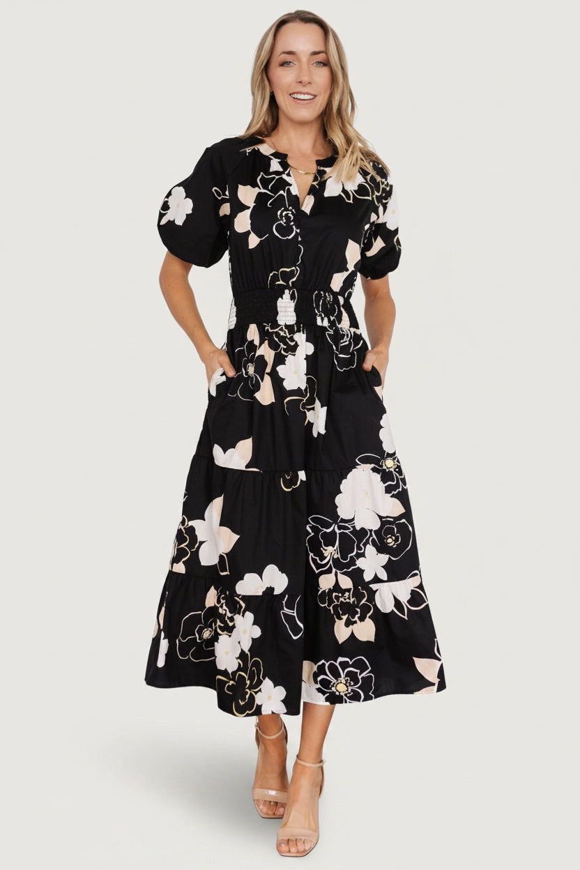 Hacienda Tiered Midi Dress | Black Multi